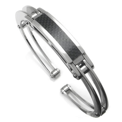 Metal Factory Stainless Steel Carbon Fiber ID Cuff Bracelet