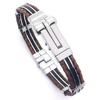 Metal Factory Stainless Steel Rubber Men's Bracelet w/ Double Braided Leather