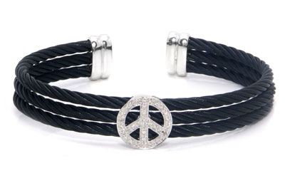 Metal Factory Stainless Steel Cable Rope Peace Sign Diamond Silver Bangle