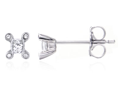 Metal Factory 14K White Gold Princess Diamond Stud Earrings w/ Diamond Prongs