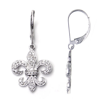 Metal Factory 14K White Gold Fleur-de-Lis Diamond Dangle Earrings