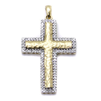 Metal Factory 14K Gold Hammer Finished Diamond Cross Pendant