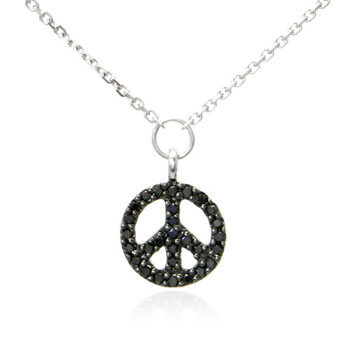 Metal Factory 14K White Gold Black Diamond Peace Sign Pendant w/ Necklace