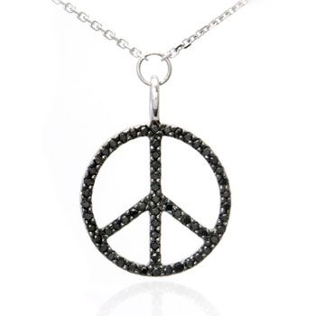 Metal Factory 14K White Gold Black Diamond Peace Sign Pendant w/ Necklace