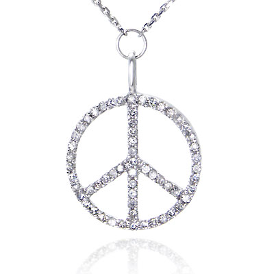 14K White Gold Diamond Peace Sign Pendant w Necklace