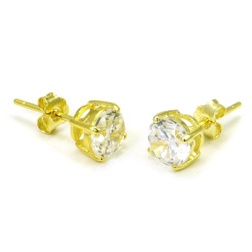 Metal Factory Gold Plated 925 Sterling Silver 1.5 tcw Basket Setting 6MM Clear Round CZ Cubic Zirconia Nickel Free Stud Earrings
