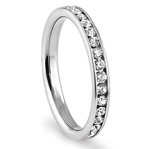 Metal Factory 316L Stainless Steel White Cubic Zirconia CZ Eternity Wedding 3MM Band Ring