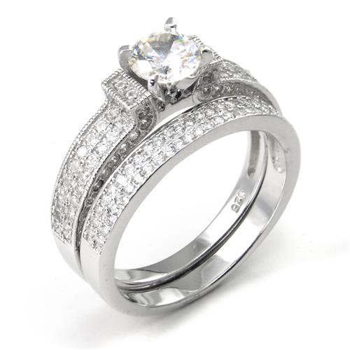 Metal Factory Sterling Silver Cubic Zirconia 2.1 Carat tw Round Cut CZ Pave Wedding Engagement Ring Set