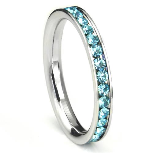 Metal Factory 316L Stainless Steel Aquamarine Light Blue Cubic Zirconia CZ Eternity Wedding 3MM Band Ring