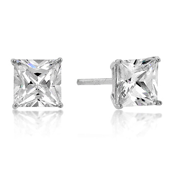 Metal Factory 925 Sterling Silver 4.0 tcw Basket Setting 8MM Clear Princess CZ Cubic Zirconia Nickel Free Stud Earrings