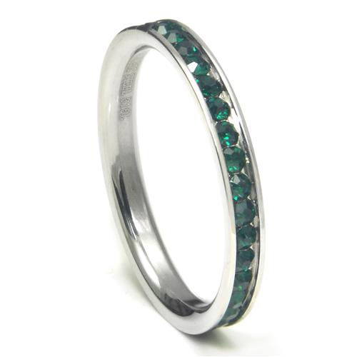 Metal Factory 316L Stainless Steel Emerald Green Cubic Zirconia CZ Eternity Wedding 3MM Band Ring