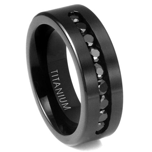 Metal Factory 8 MM Men's Black Titanium ring wedding band with 9 large Channel Set CZ