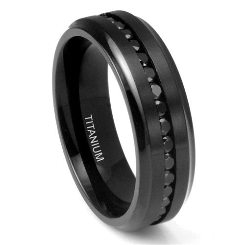 Metal Factory 7MM Men's Eternity Black Titanium Ring Wedding Band with CZ w/ FREE gift box