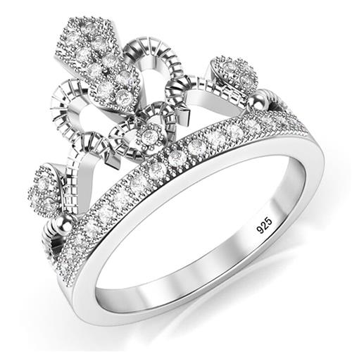 Metal Factory 925 Sterling Silver Cubic Zirconia Princess Heart Crown Tiara CZ Band Ring