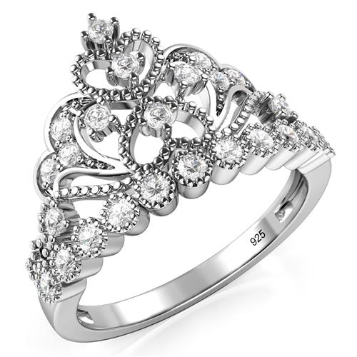 Metal Factory 925 Sterling Silver Cubic Zirconia Princess Heart Crown Tiara CZ Band Ring