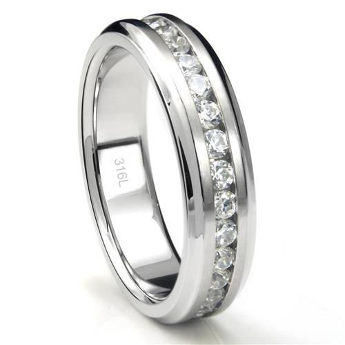 Metal Factory 8MM High Polish / Matte Finish Eternity Stainless Steel ring with CZ