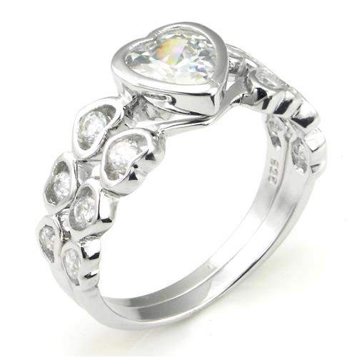 Metal Factory Sterling Silver Cubic Zirconia 3.1 Carat tw Heart Shape CZ Wedding Engagement Ring Set