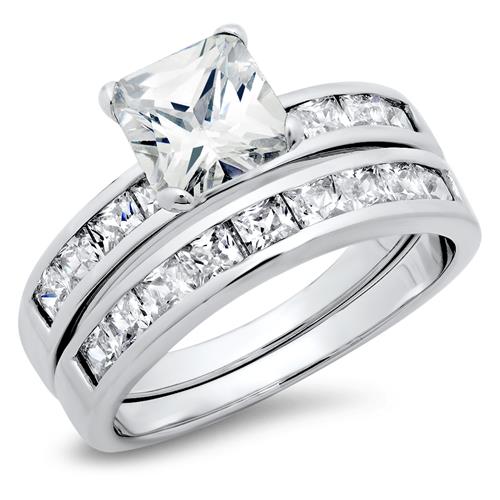 Metal Factory Sterling Silver Cubic Zirconia 2.8 Carat tw Princess Cut CZ Wedding Engagement Ring Set