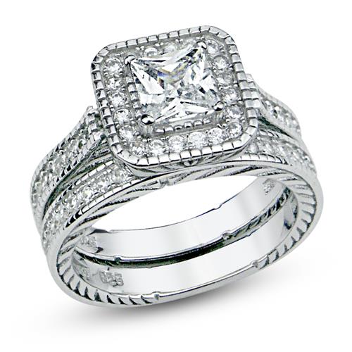 Metal Factory Sterling Silver Cubic Zirconia Halo 1.6 Carat tw Princess Cut CZ Filigree Wedding Engagement Ring Set
