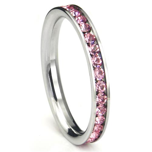 Metal Factory 316L Stainless Steel Pink Cubic Zirconia CZ Eternity Wedding 3MM Band Ring