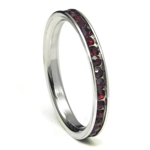 Metal Factory 316L Stainless Steel Garnet Red Cubic Zirconia CZ Eternity Wedding 3MM Band Ring