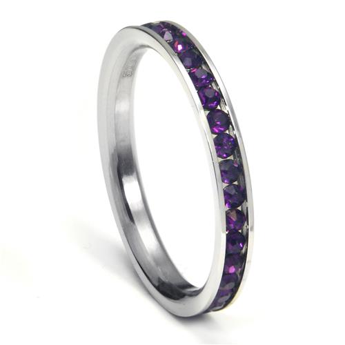 Metal Factory 316L Stainless Steel Amethyst Purple Cubic Zirconia CZ Eternity Wedding 3MM Band Ring
