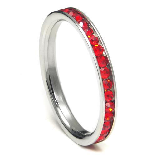 Metal Factory 316L Stainless Steel Ruby Red Cubic Zirconia CZ Eternity Wedding 3MM Band Ring