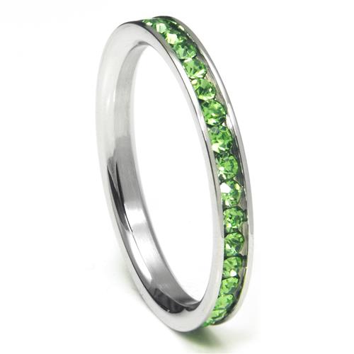Metal Factory 316L Stainless Steel Peridot Green Cubic Zirconia CZ Eternity Wedding 3MM Band Ring