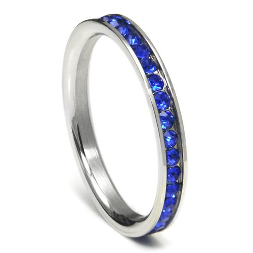 Metal Factory 316L Stainless Steel Sapphire Blue Cubic Zirconia CZ Eternity Wedding 3MM Band Ring