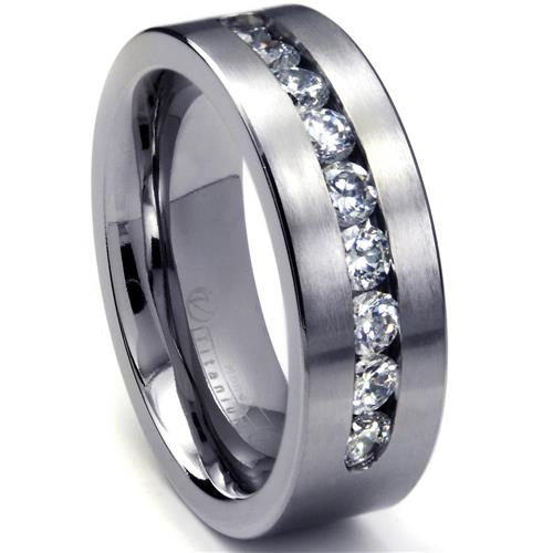 Metal Factory 8 MM Men's Titanium ring wedding band with 9 large Channel Set CZ