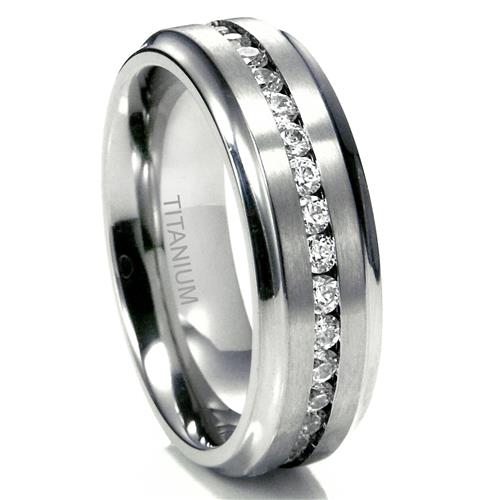 Metal Factory 7MM Men's Eternity Titanium Ring Wedding Band with CZ w/ FREE gift box
