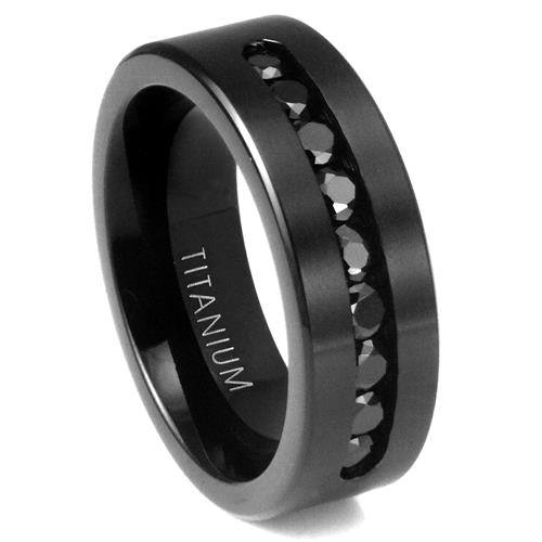 Metal Factory 8 MM Men's Black Titanium ring wedding band with 9 large Channel Set CZ