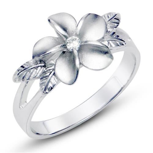 Metal Factory 925 Sterting Silver Plumeria Cubic Zirconia CZ w/ Maile Leaf Hawaiian Flower Band Ring