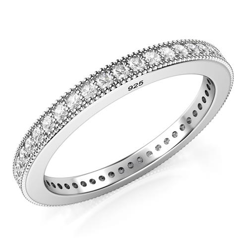 Metal Factory Sterling Silver 2MM 925 CZ Cubic Zirconia Eternity Wedding Band Ring