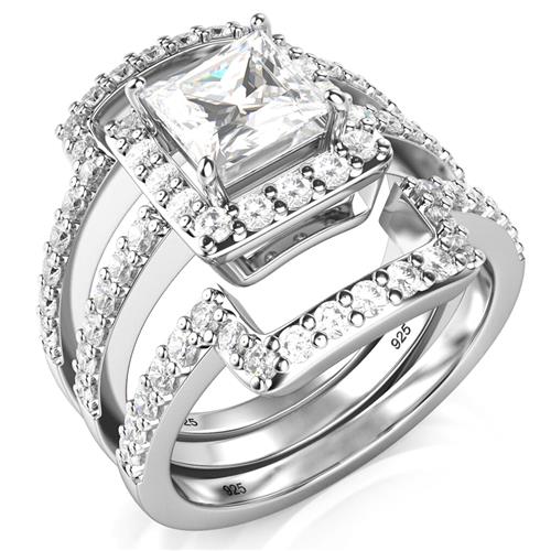 Metal Factory Sterling Silver 3Pcs 925 CZ Cubic Zirconia Engagement Wedding Band Ring Set