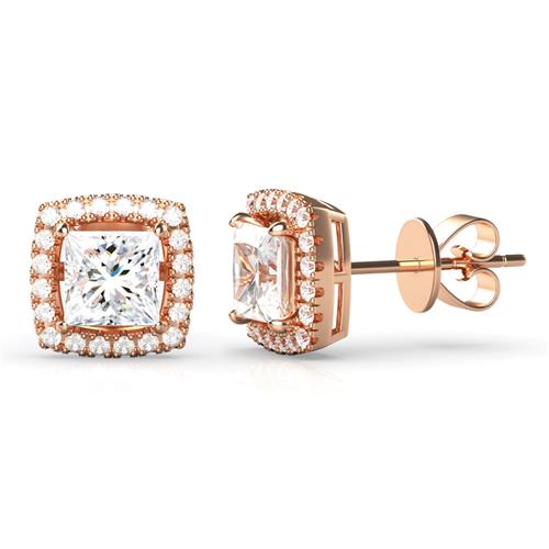 Metal Factory 925 Rose Gold Plated Sterling Silver Princess CZ Cubic Zirconia Halo Earrings